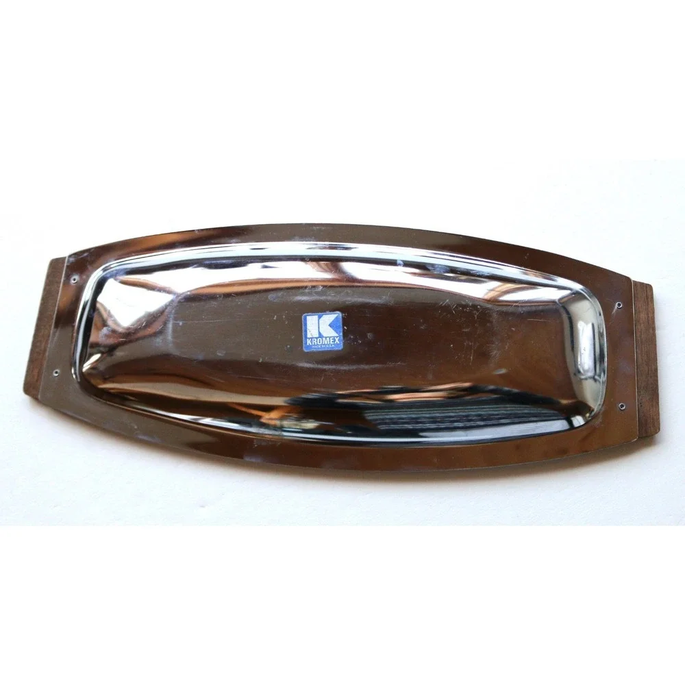 Vintage Chrome Kromex Serving Tray with‎ Wood Handles Original Label